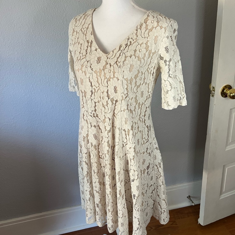 Lace V-Neck Fit & Flare Dress in Ivory